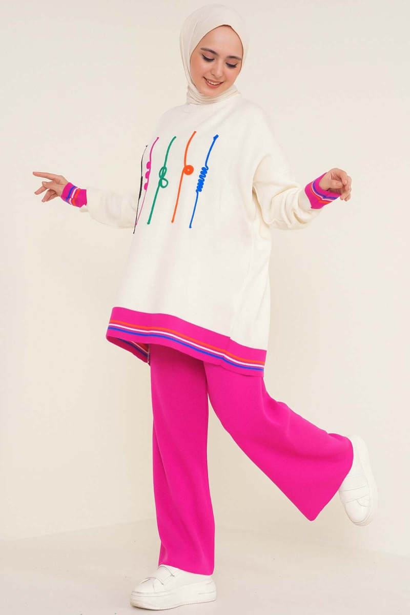 15793 Nakışlı Tesettür İkili Takım - Fuşya - BİGDART