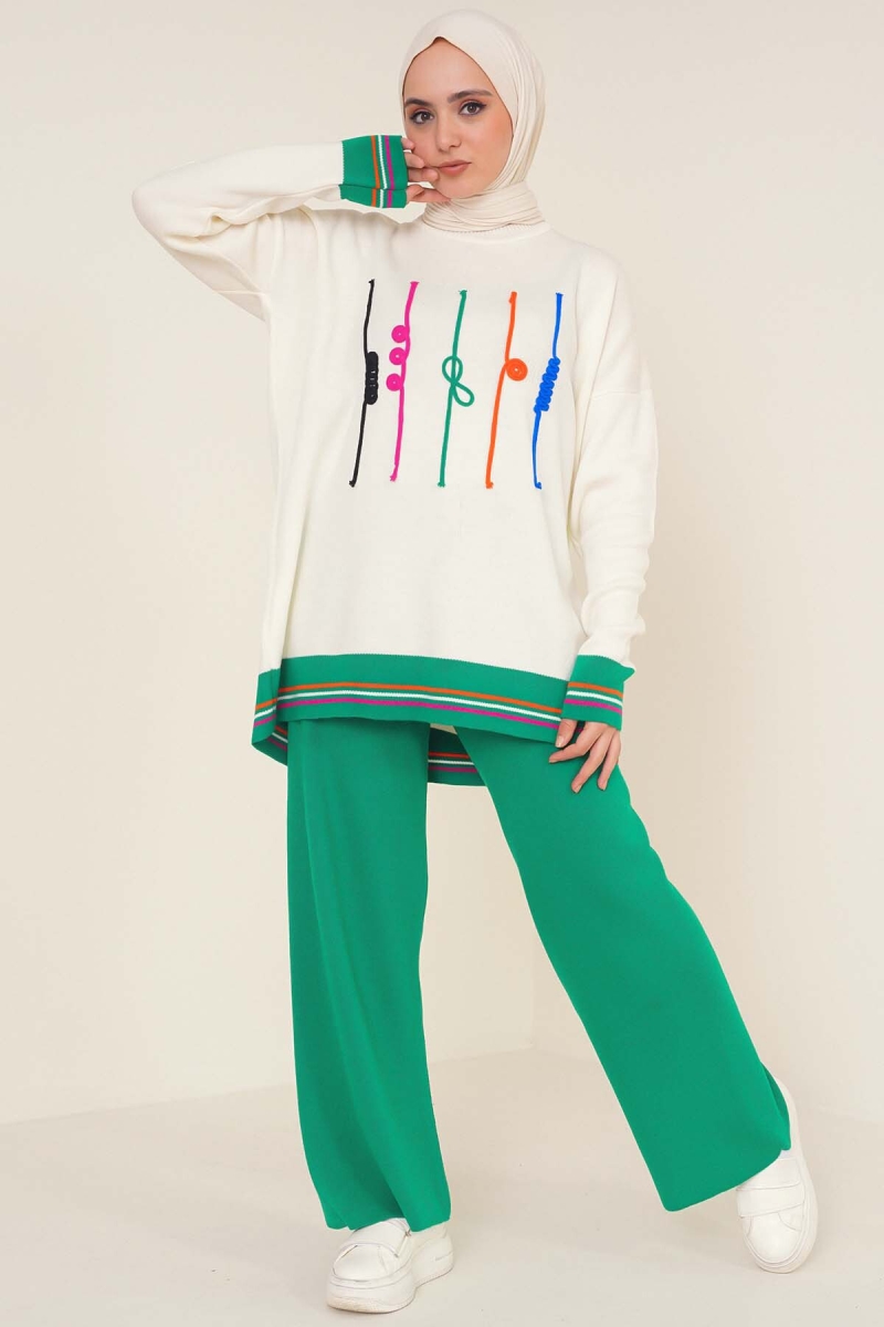 15793 Nakışlı Tesettür İkili Takım - Yeşil - BİGDART