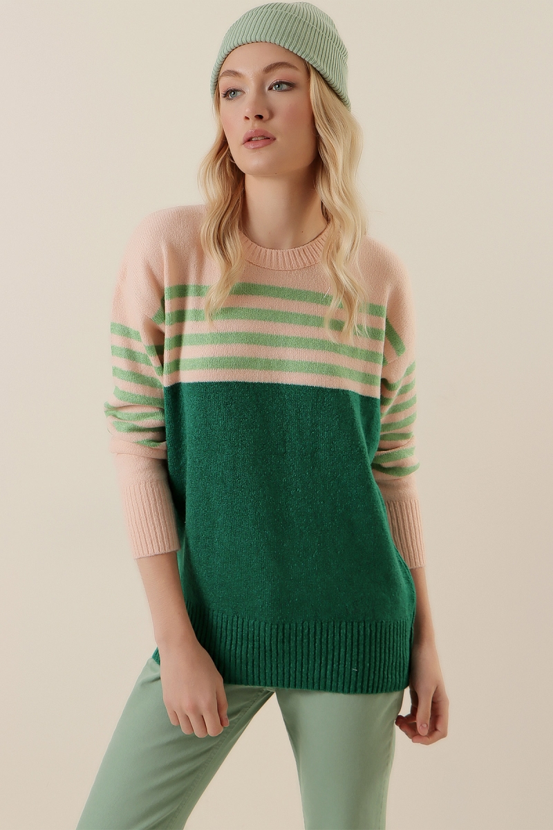 15794 Çizgili Triko Kazak - Yeşil - BİGDART