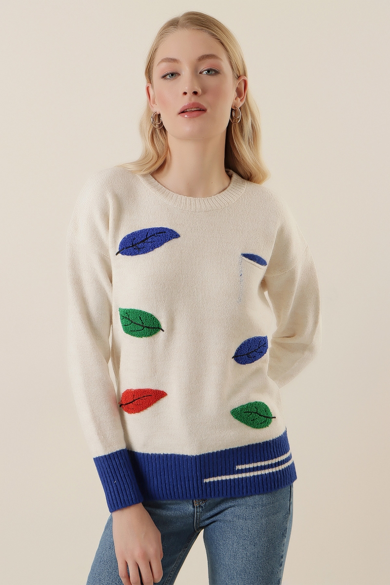 15795 Desenli Triko Kazak - Beyaz - BİGDART