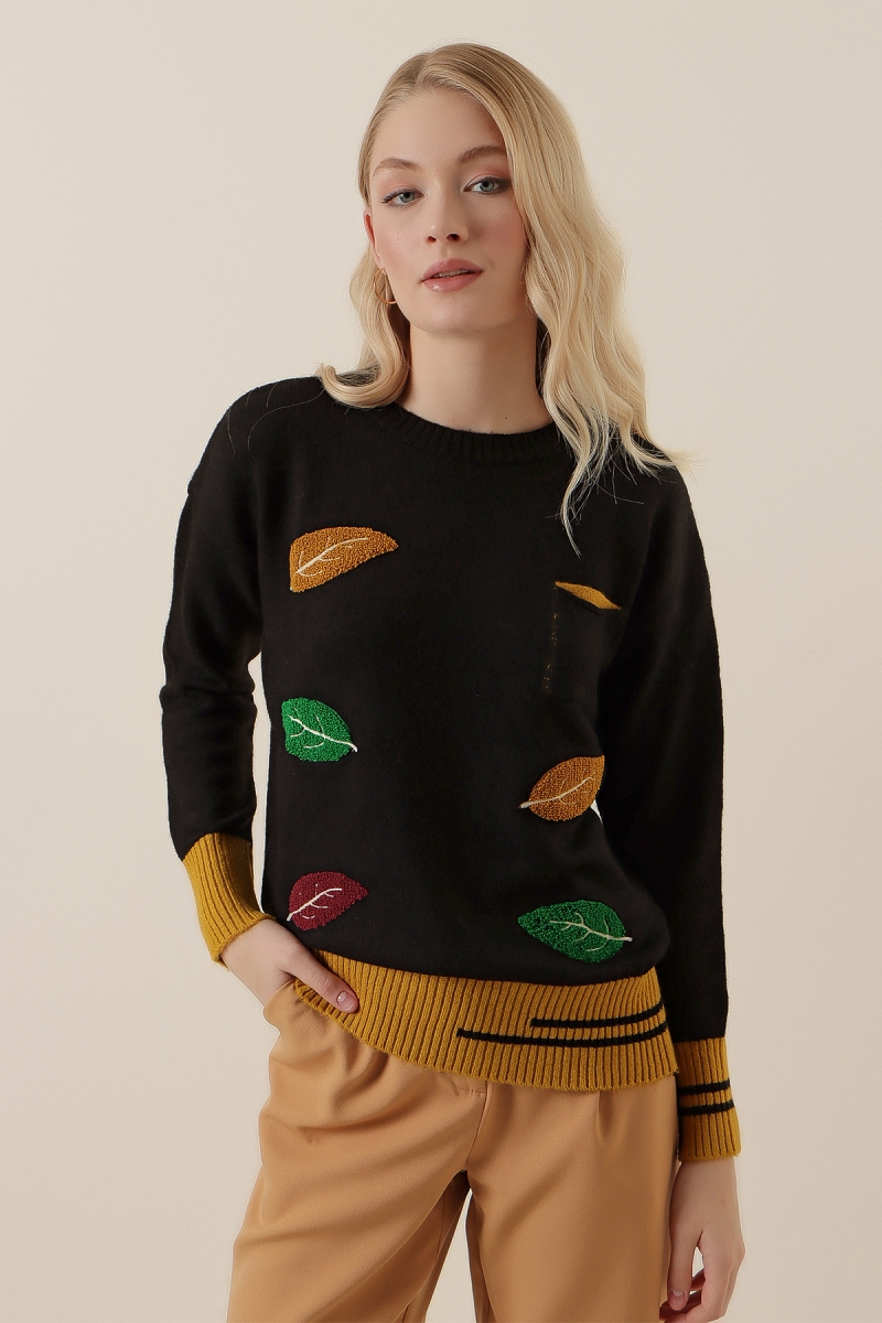 15795 Desenli Triko Kazak - Siyah - BİGDART