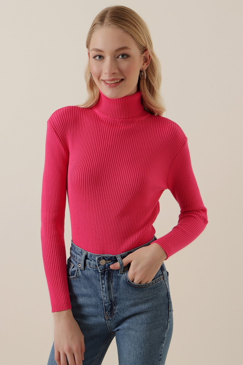 15796 Balıkçı Yaka Fitilli Kazak - Fuşya - BİGDART