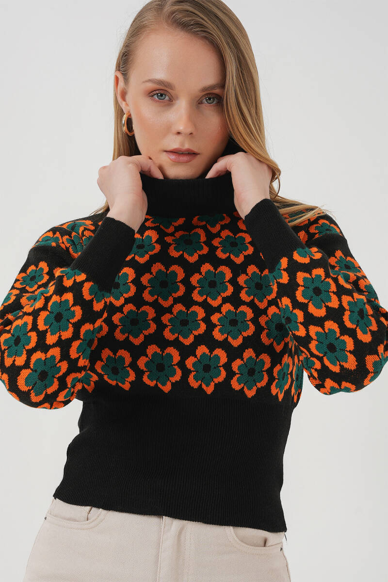 15801 Boğazlı Desenli Crop Kazak - Oranje - BİGDART