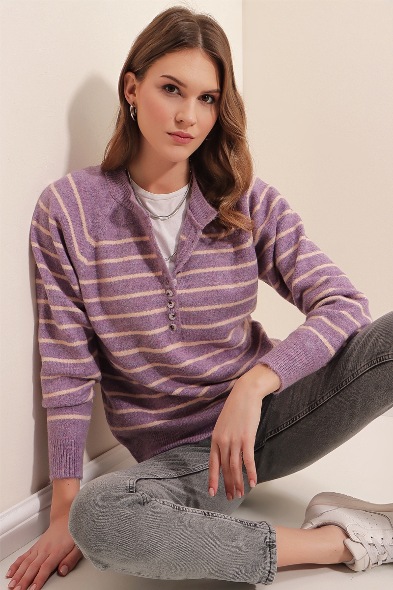 15808 Düğmeli Kazak - Lila - BİGDART