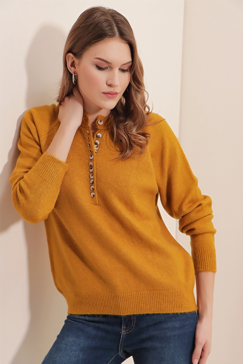 15809 Düğmeli Kazak - Hardal - BİGDART