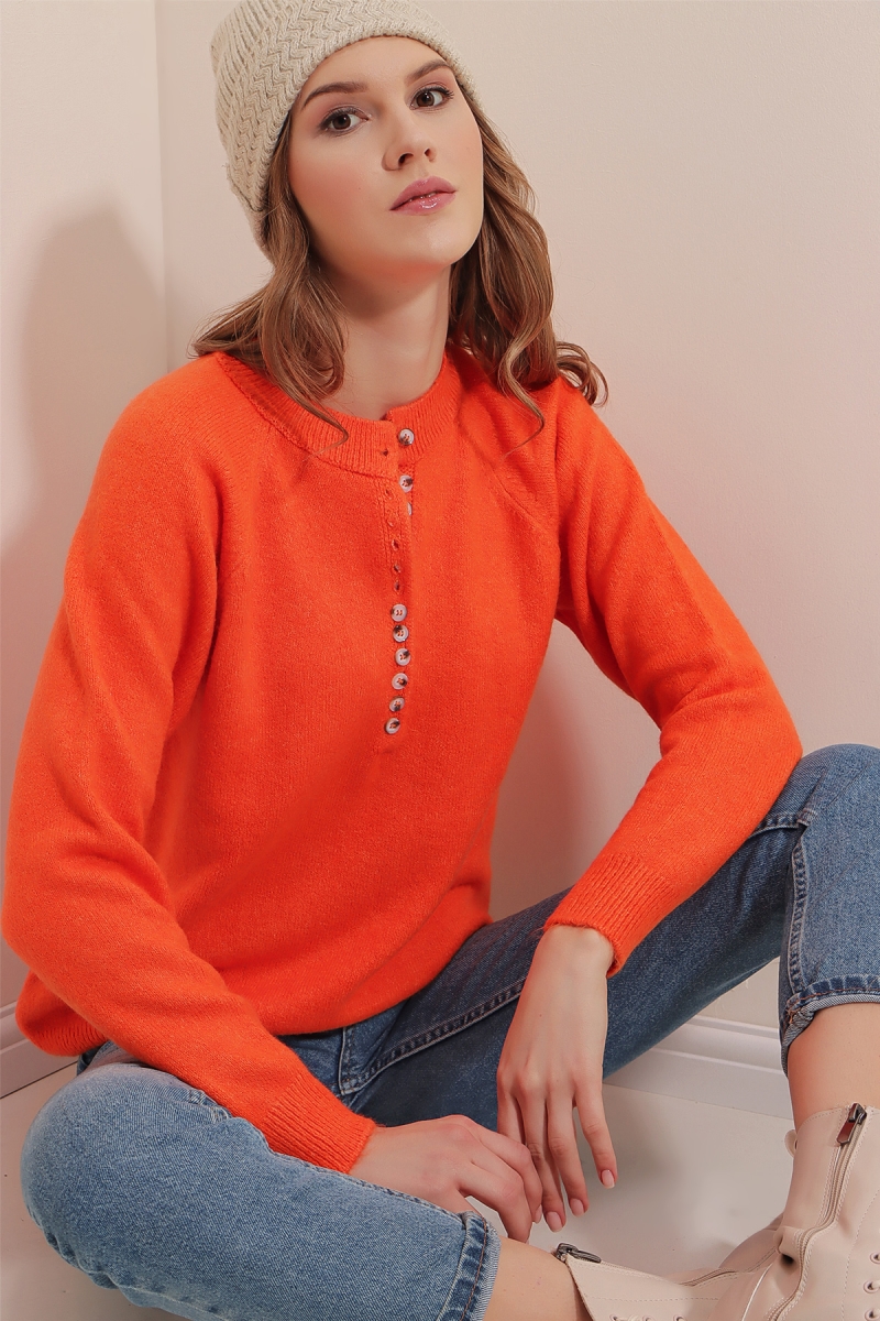 15809 Düğmeli Kazak - Turuncu - BİGDART