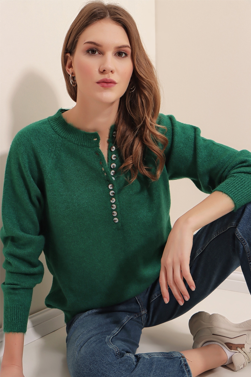 15809 Düğmeli Kazak - Zümrüt Yeşili - BİGDART