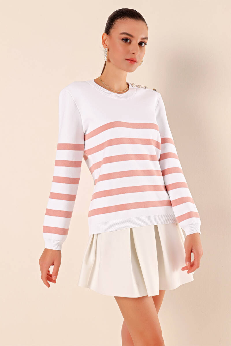 15820 Düğme Detay Çizgili Kazak - C. Pudra - BİGDART