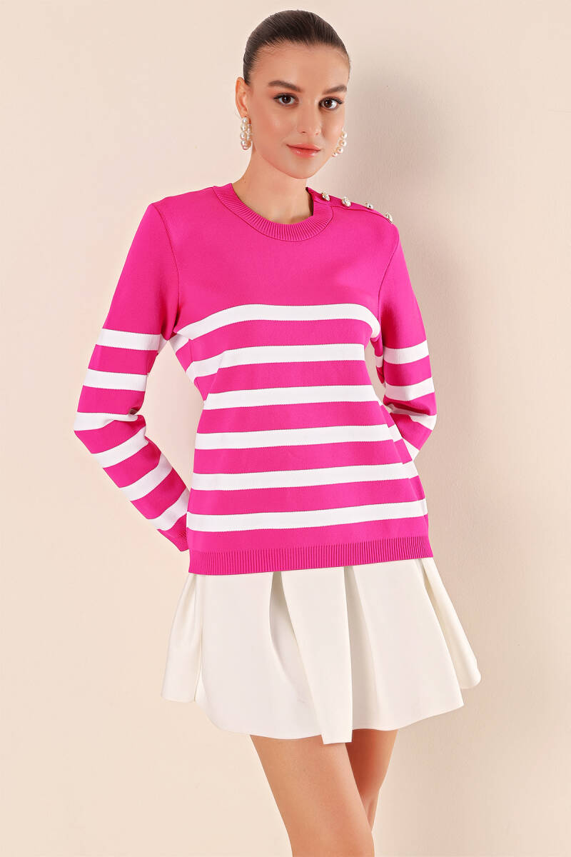 15820 Düğme Detay Çizgili Kazak - Fuşya - BİGDART