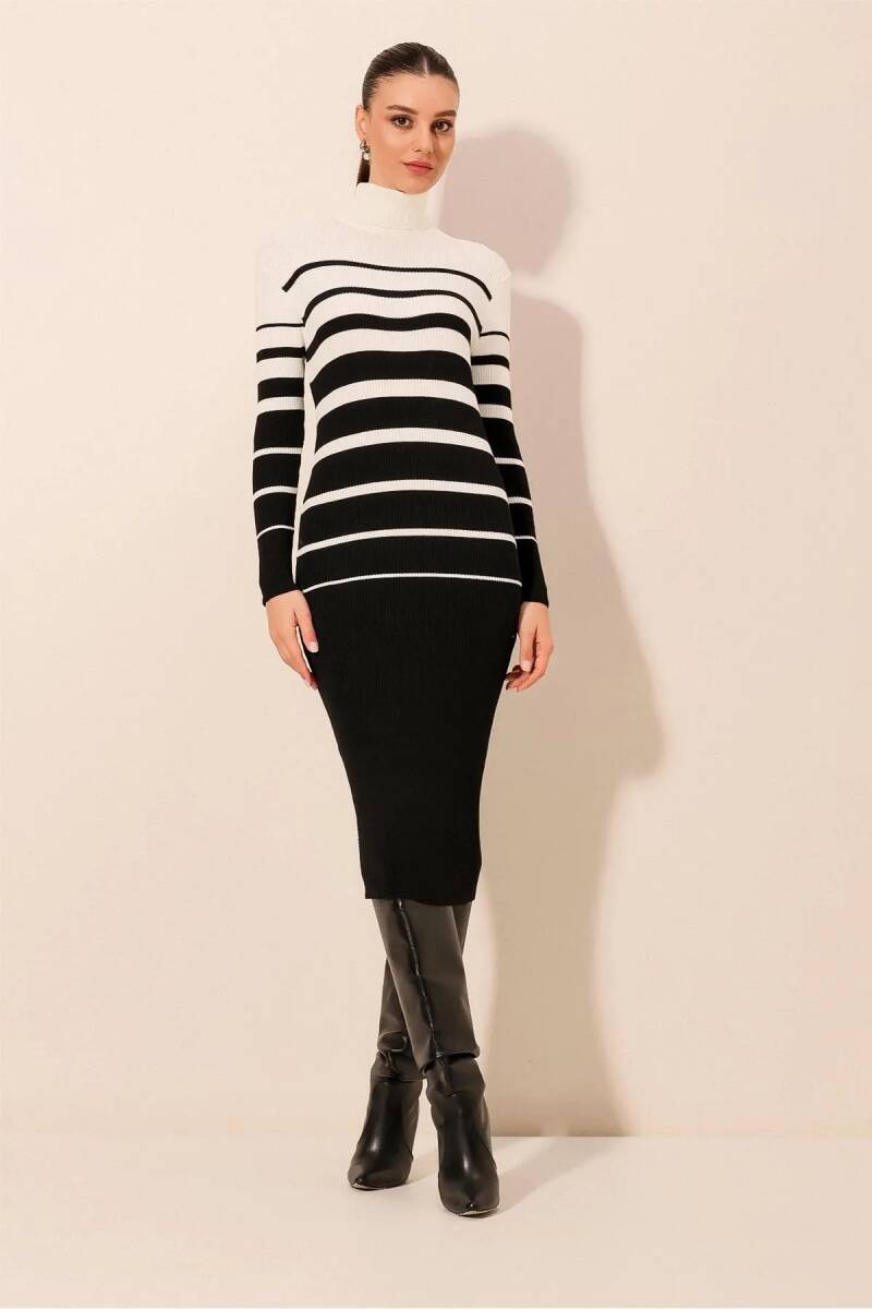 15841 Boğazlı Triko Elbise - Beyaz - BİGDART