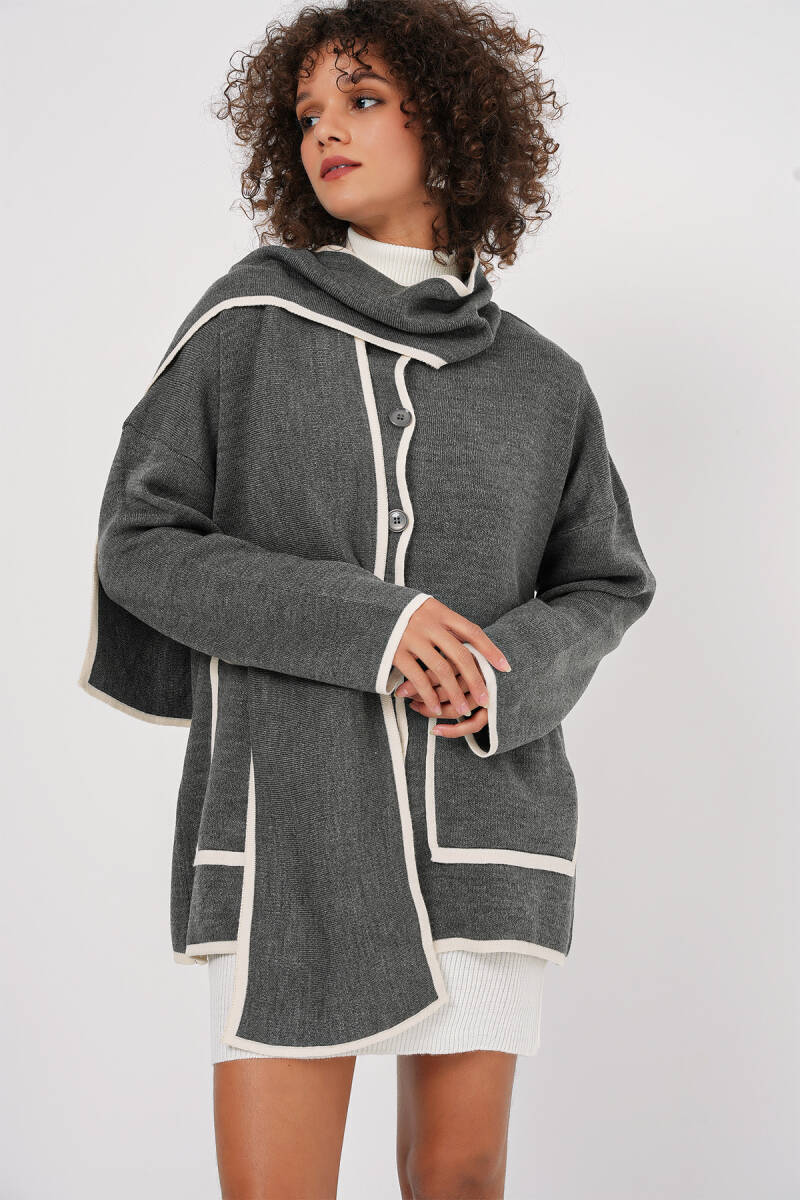 15846 Şal Yaka Triko Hırka - Antrasit - BİGDART