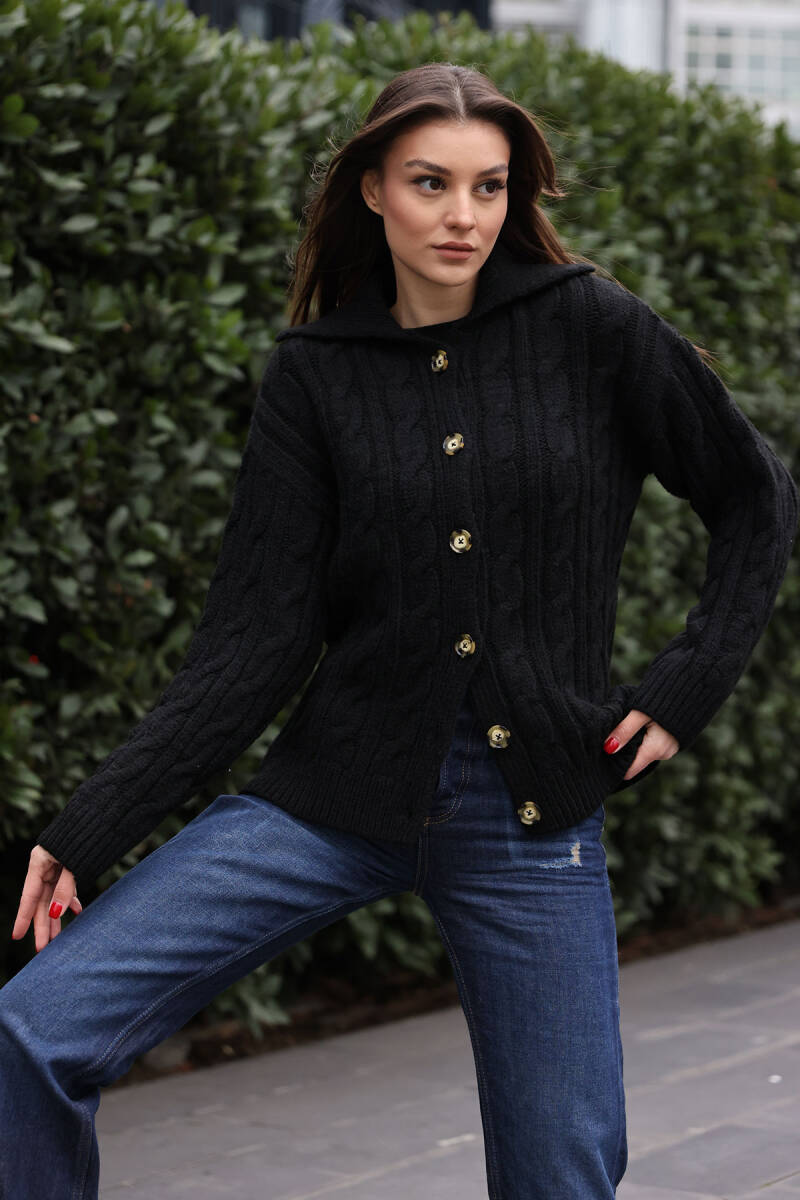 15856 Saç Örgülü Hırka - Siyah - BİGDART