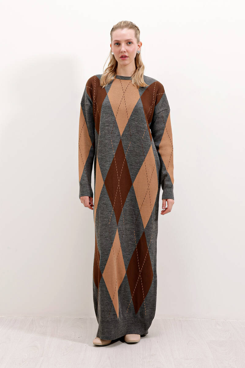 15861 Uzun Triko Elbise - Gri - BİGDART