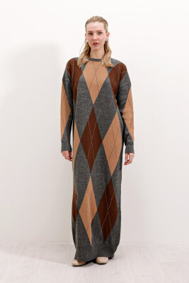 15861 Uzun Triko Elbise - Gri - BİGDART