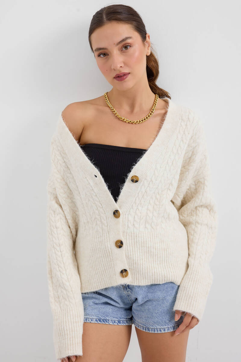 15885 Örgülü Oversize Triko Hırka - Ekru - BİGDART