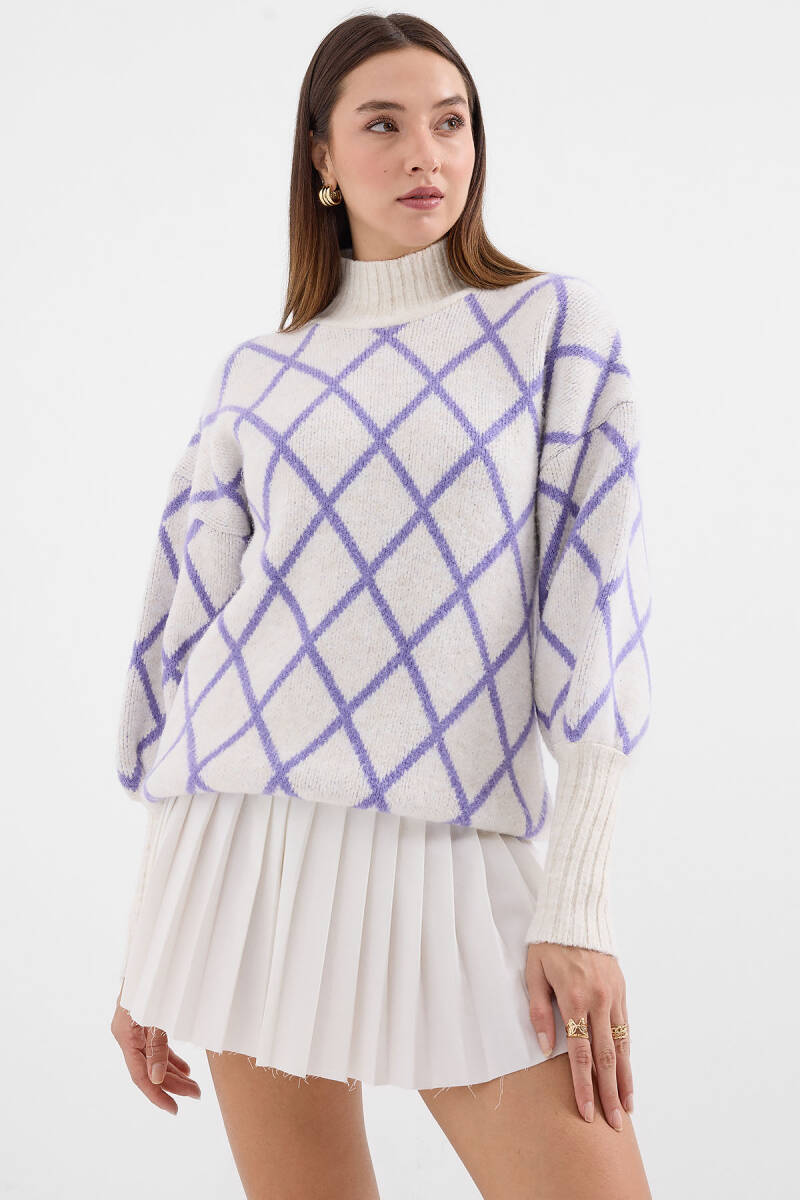 15889 Balıkçı Yaka Oversize Triko Kazak - Lila - BİGDART