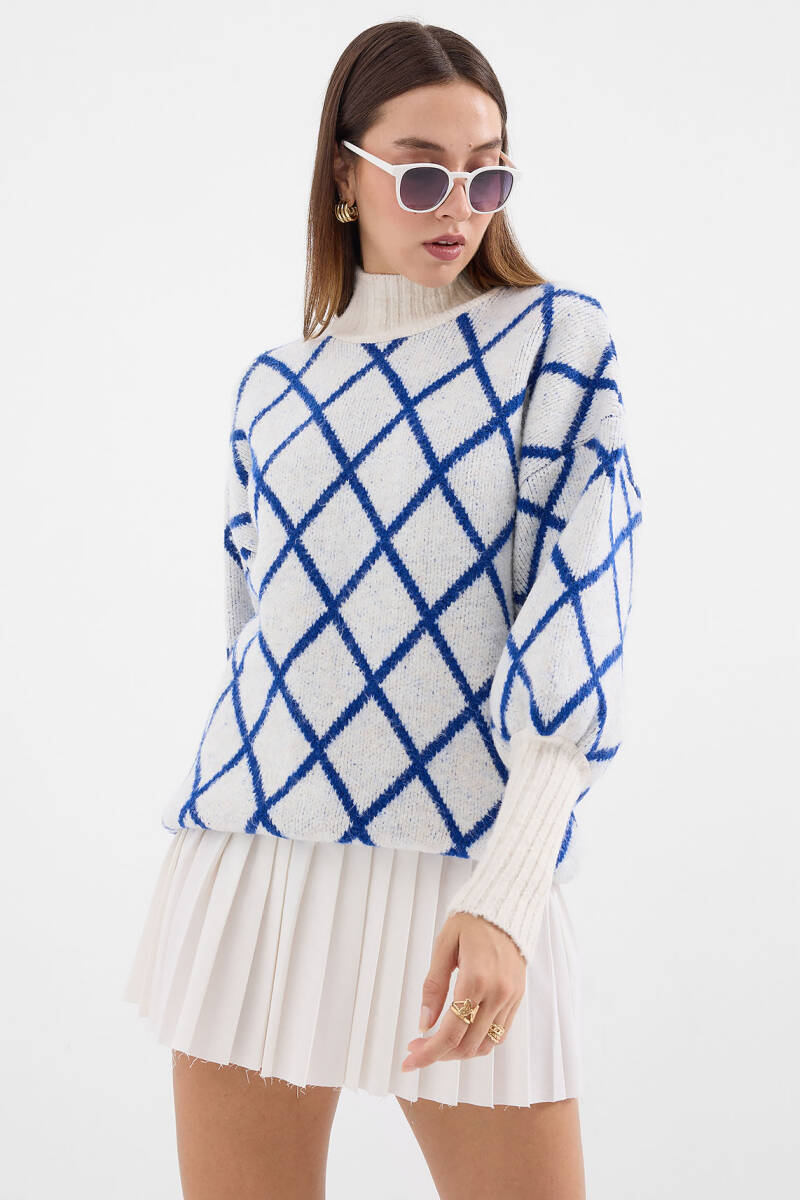 15889 Balıkçı Yaka Oversize Triko Kazak - Saks - BİGDART