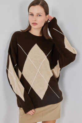 15895 Baklava Desenli Oversize Triko Kazak - A.Kahve 