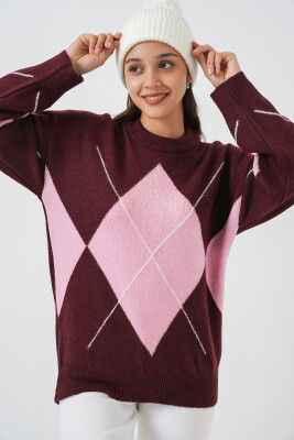 15895 Baklava Desenli Oversize Triko Kazak - Bordo 