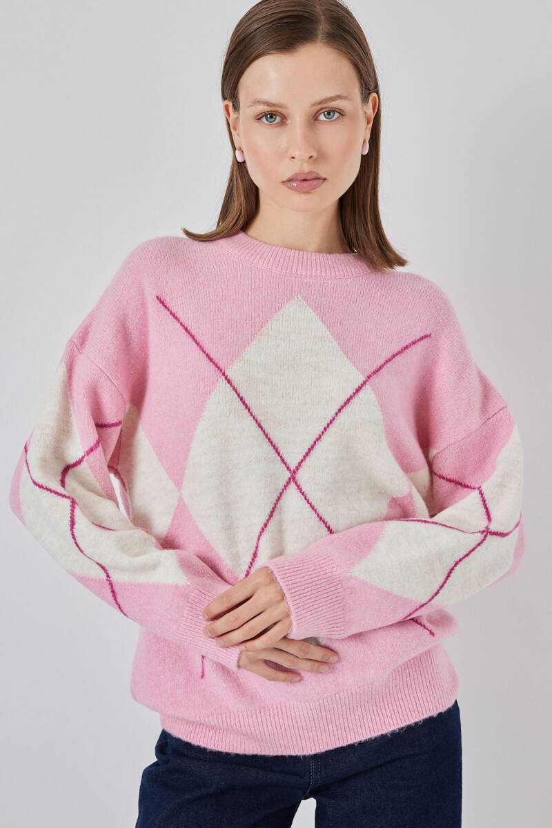 15895 Baklava Desenli Oversize Triko Kazak - C. Pembe - BİGDART