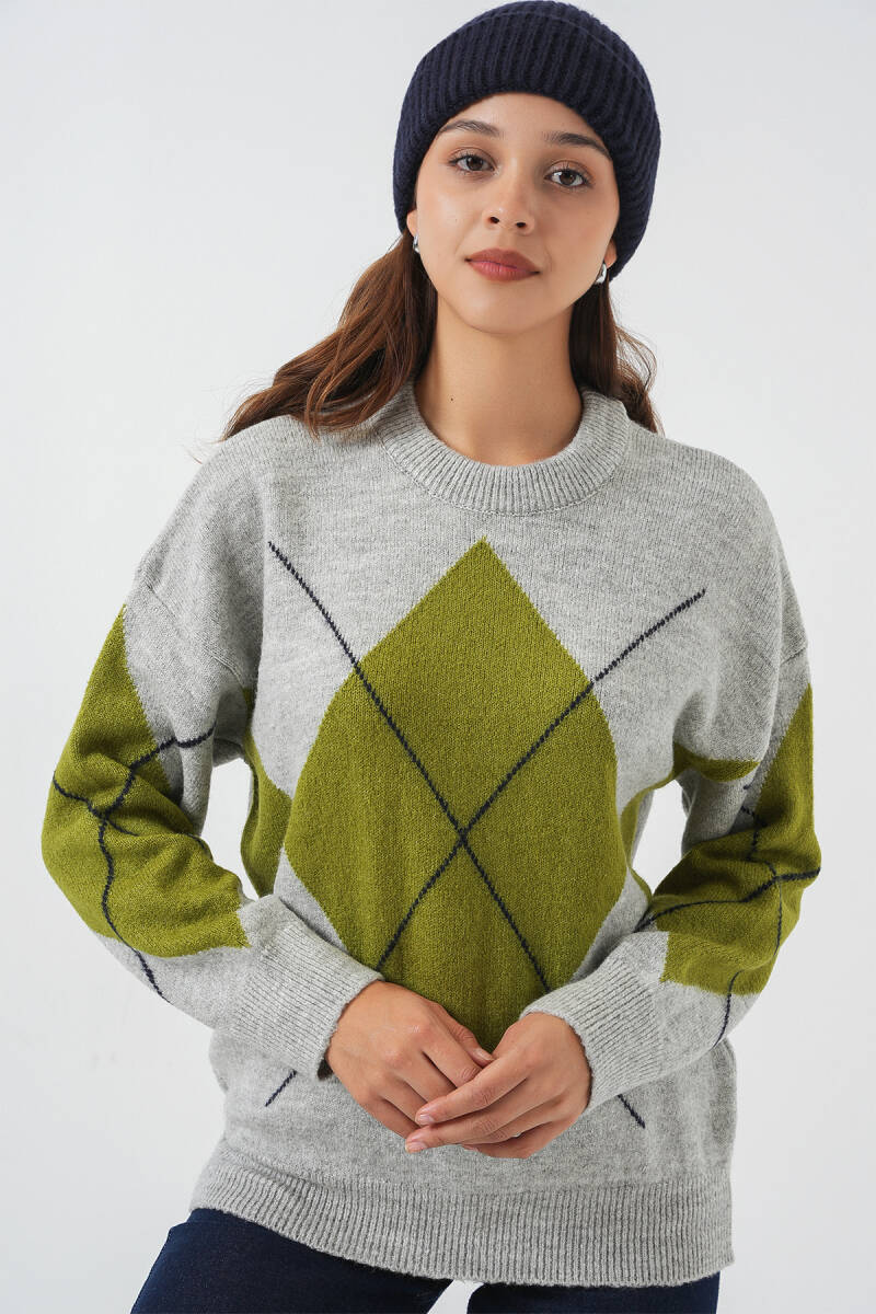 15895 Baklava Desenli Oversize Triko Kazak - C.Gri - BİGDART