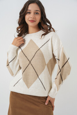 15895 Baklava Desenli Oversize Triko Kazak - Ekru 