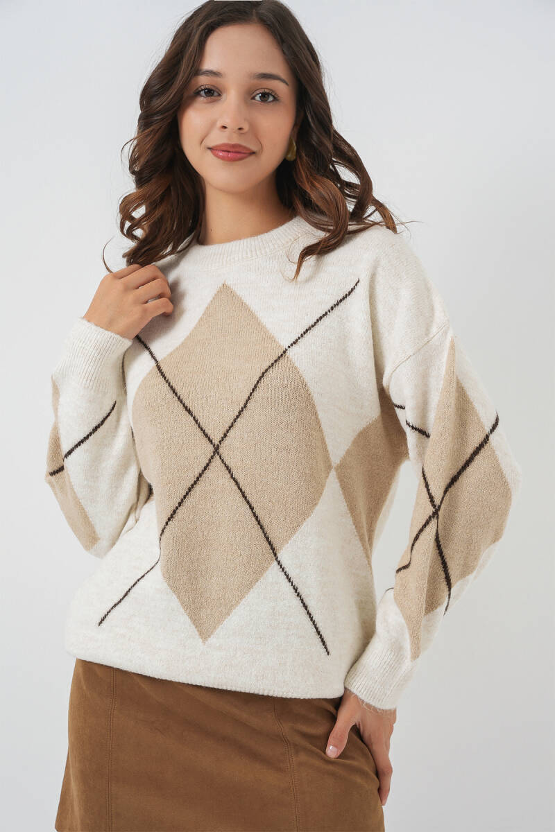 15895 Baklava Desenli Oversize Triko Kazak - Ekru - BİGDART