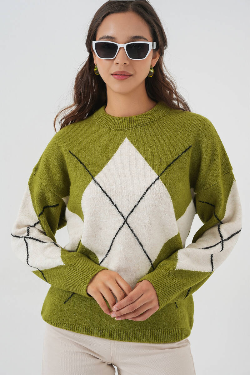 15895 Baklava Desenli Oversize Triko Kazak - E.Yeşil - BİGDART