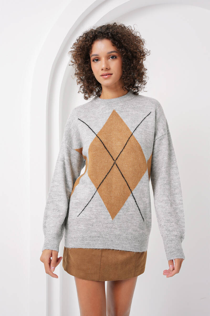 15895 Baklava Desenli Oversize Triko Kazak - Gri - BİGDART