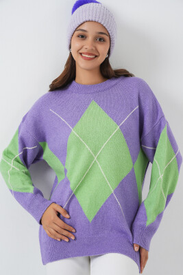 15895 Baklava Desenli Oversize Triko Kazak - Lila 