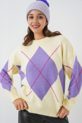 15895 Baklava Desenli Oversize Triko Kazak - Sarı 