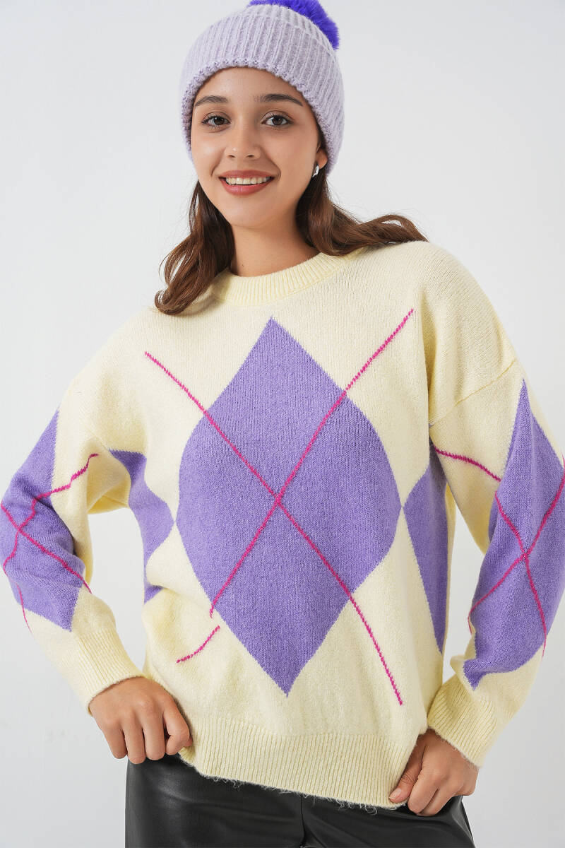 15895 Baklava Desenli Oversize Triko Kazak - Sarı - BİGDART