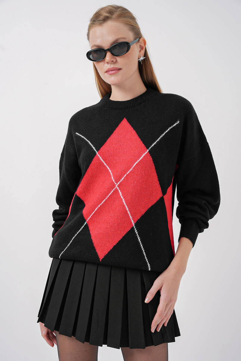 15895 Baklava Desenli Oversize Triko Kazak - Siyah - BİGDART