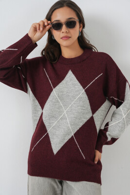 15895 Baklava Desenli Oversize Triko Kazak - Y.Bordo 