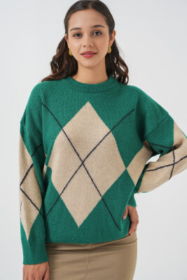 15895 Baklava Desenli Oversize Triko Kazak - Y.Zümrüt 