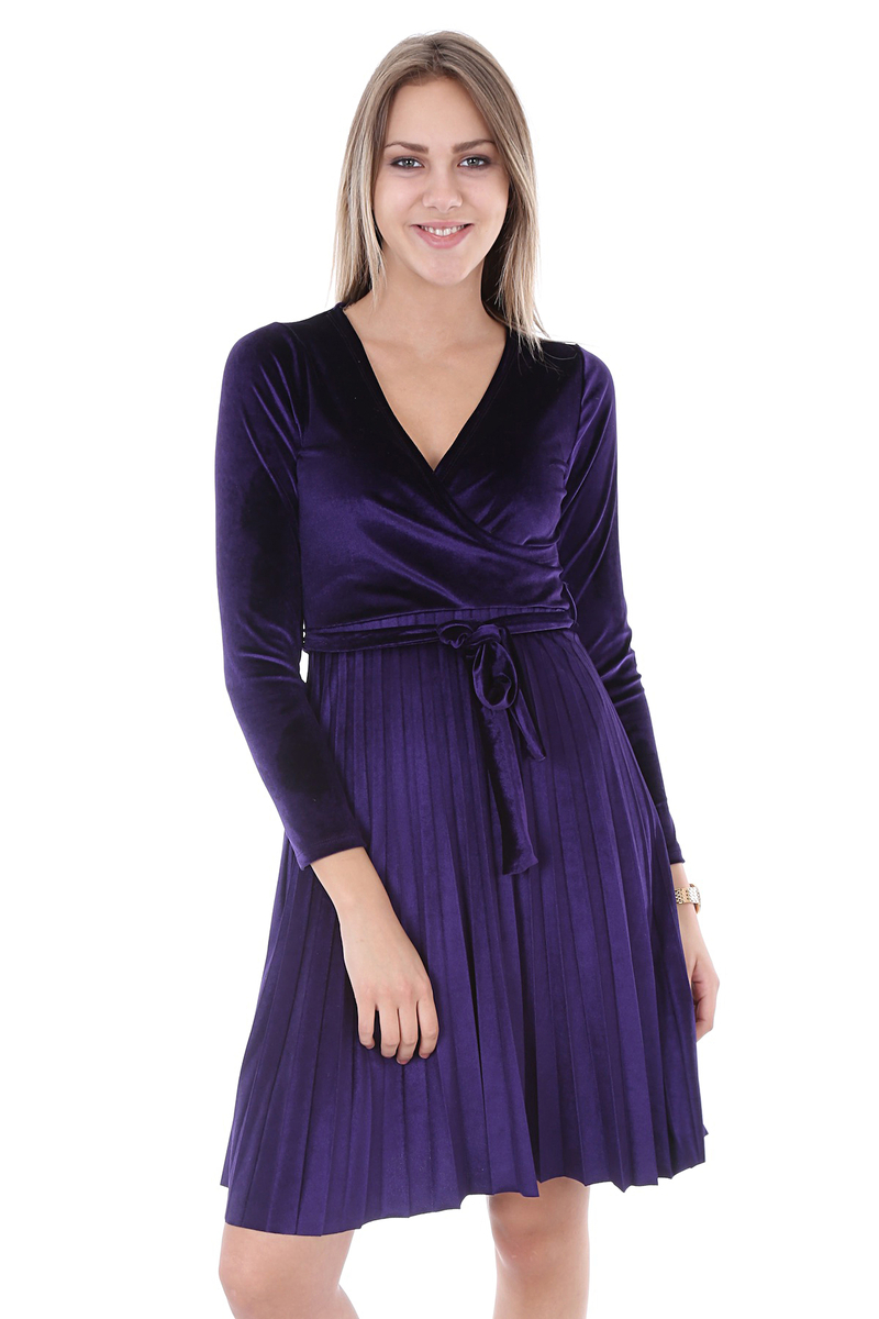 1590 KUŞAKLI KADİFE ELBİSE - Mor - BİGDART