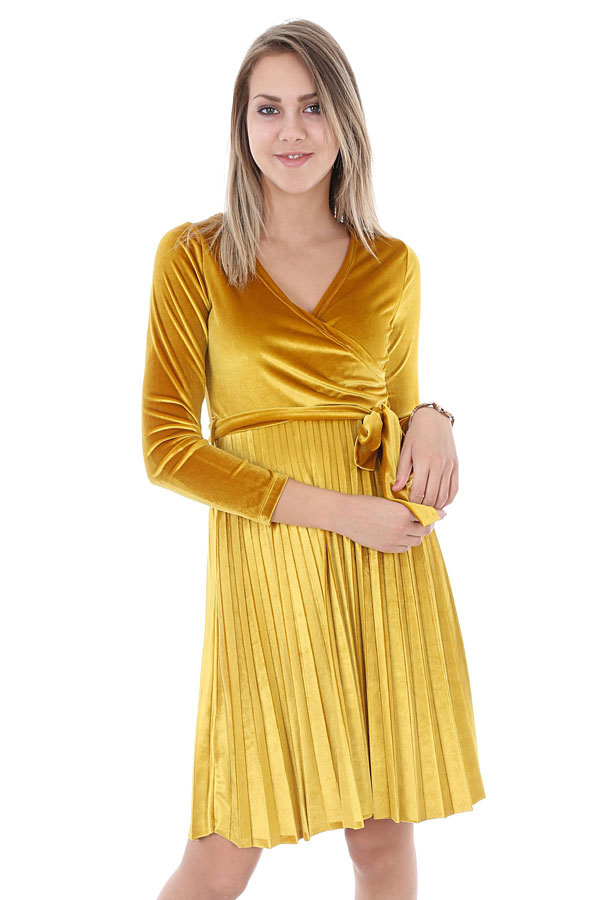 1590 KUŞAKLI KADİFE ELBİSE - Sarı - BİGDART