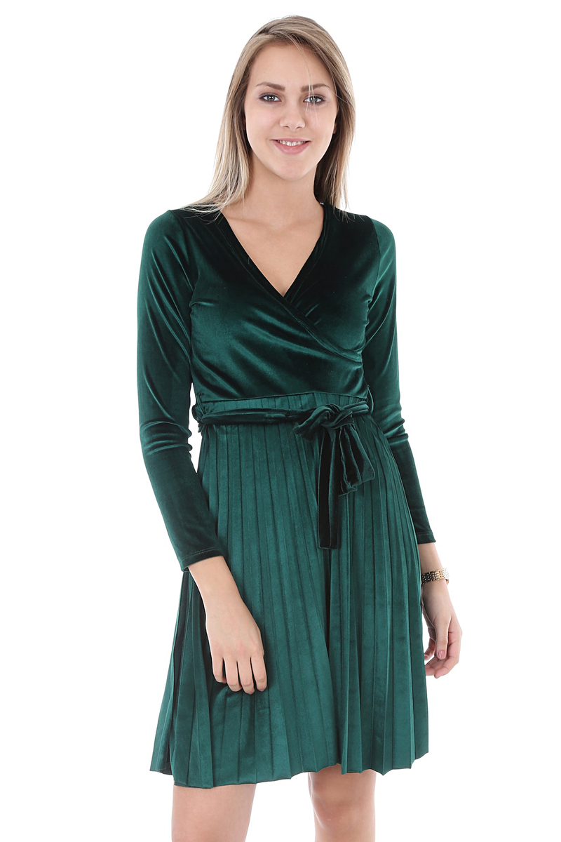 1590 KUŞAKLI KADİFE ELBİSE - Yeşil - BİGDART