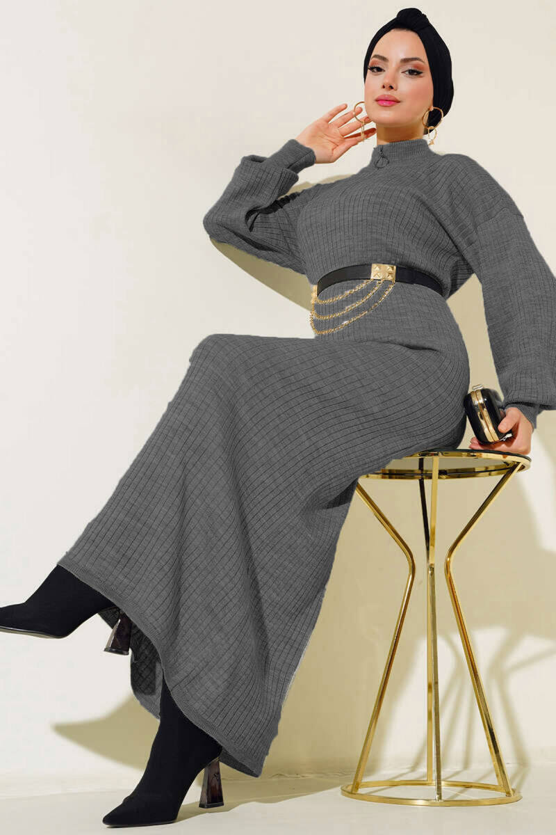 15900 Boydan Tesettür Triko Elbise - Antrasit - BİGDART