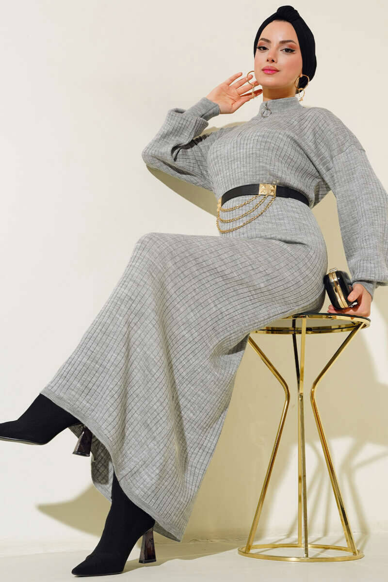 15900 Boydan Tesettür Triko Elbise - Gri - BİGDART