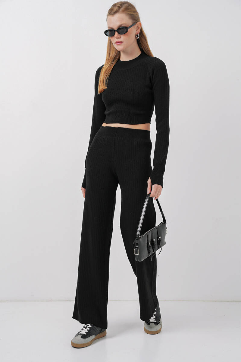 15905 Kadın Crop Kazak Pantolon Triko Alt Üst Takım - Siyah - BİGDART