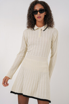 15907 Kadın Polo Yaka Kazak Etek Triko İkili Takım - Krem 