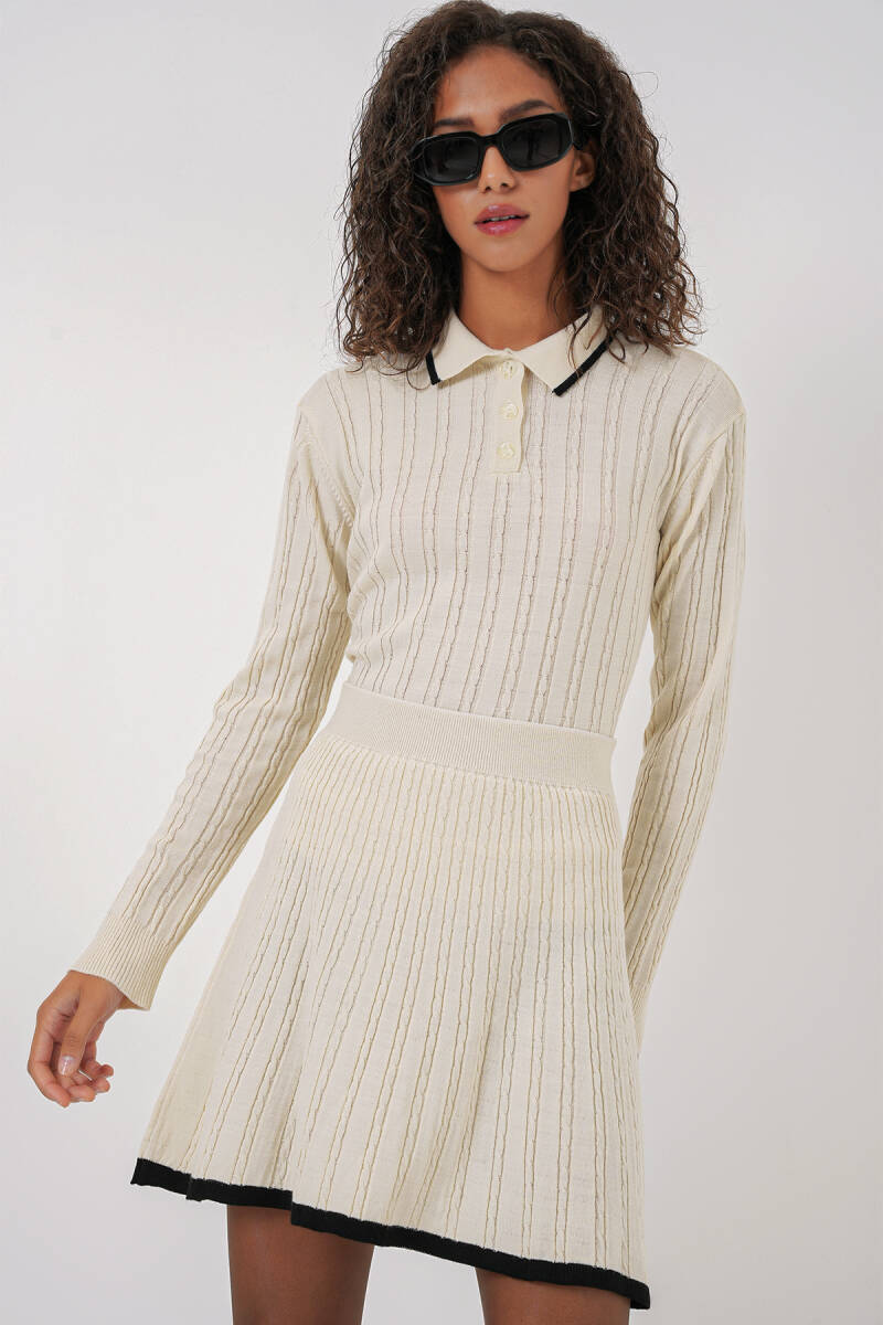 15907 Kadın Polo Yaka Kazak Etek Triko İkili Takım - Krem - BİGDART