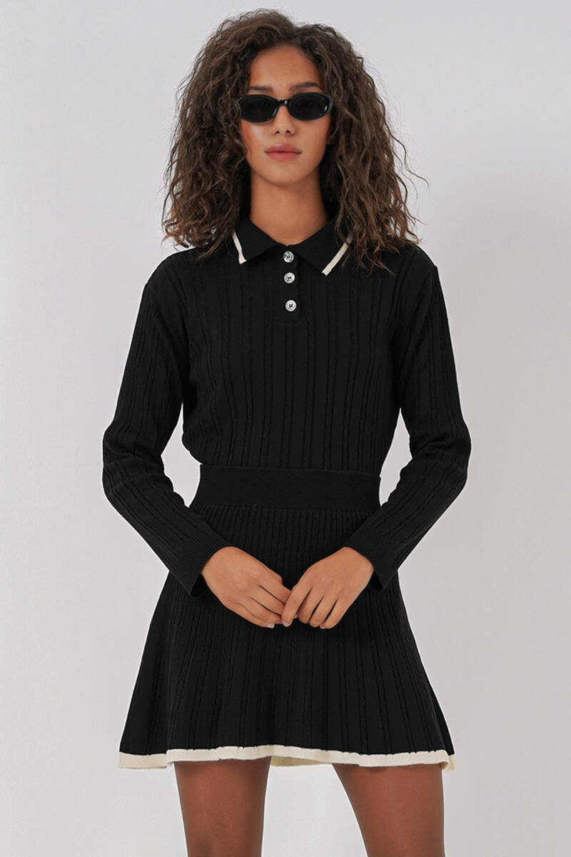 15907 Kadın Polo Yaka Kazak Etek Triko İkili Takım - Siyah - BİGDART