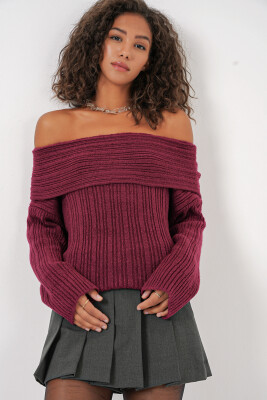 15908 Kadın Açık Omuz Oversize Triko Kazak - Bordo - 4