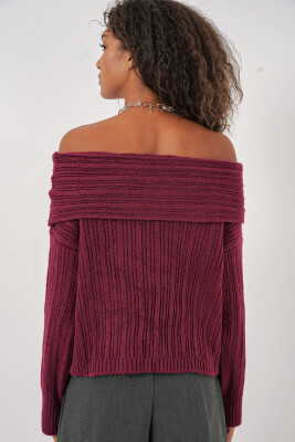 15908 Kadın Açık Omuz Oversize Triko Kazak - Bordo - 6