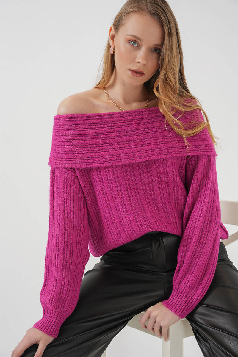 15908 Kadın Açık Omuz Oversize Triko Kazak - Koyu Pembe - BİGDART