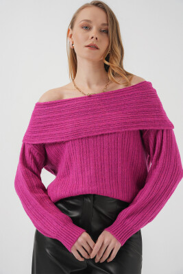 15908 Kadın Açık Omuz Oversize Triko Kazak - Koyu Pembe - 3