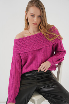 15908 Kadın Açık Omuz Oversize Triko Kazak - Koyu Pembe - 4