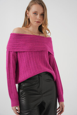 15908 Kadın Açık Omuz Oversize Triko Kazak - Koyu Pembe - 5
